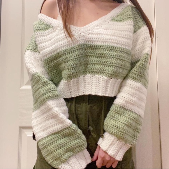 Handmade Crochet Green and White Striped Cropped Sweater - Picture 2 of 2